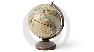 Vintage world globe on a wooden stand isolated on a white background