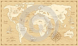 Vintage world map. Ancient world antiquity paper map with continents ocean sea old sailing vector globe background photo