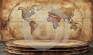 Vintage world map backdrop, wooden stage, historical design, detailed continents, aged appearance, artistic decor photo