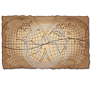 Vintage world map on the faded old piece of paper isolated on white background. Vector cartoon close-up illustration.