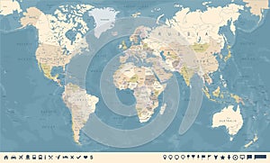 Vintage World Map and Markers - Vector Illustration