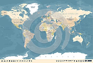 Vintage World Map and Markers - Vector Illustration