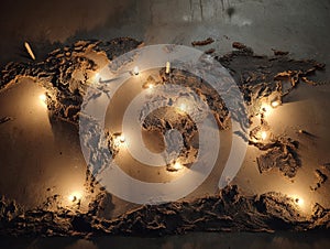 Vintage world map mounted on concrete, serving as a light source Numerous small candles scattered and highlighted in warm ambient photo