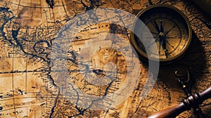 Vintage World map and old compass on wooden table, top view of paper and instrument. Background for journey theme. Concept of