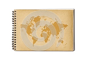 Vintage world map on an old notebook