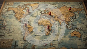 Vintage World Map with Red Pins Marking Travel Destinations: A Journey Across Continents