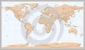Vintage world map. Retro countries boundaries on topographic or marine map. Old continents navigation maps vector