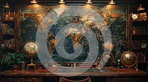 Vintage World Map Study Room - Generative AI photo