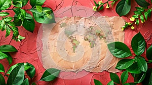 Vintage World Map Surrounded by Lush Green Leaves on Textured Red Background for Travel and Adventure Themes