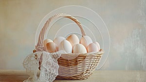 Vintage woven basket with muted eggs and lace ribbons, nostalgic Easter decor. Easter