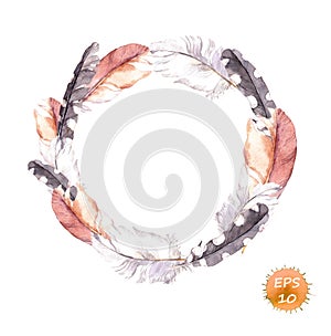 Vintage wreath feathers border in boho style. Watercolor vector