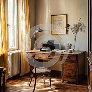 Vintage Writer's Desk with Typewriter and Antique Lamp