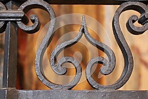 Vintage wrought iron fence close-up on a blurred background