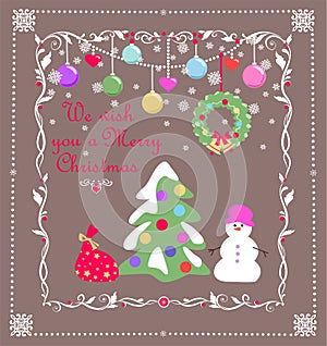 Vintage Xmas greeting handmade childish card with Christmas snowy tree, snowman, gift, hanging wreath and colorful balls