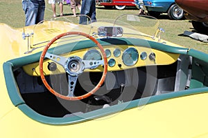 Vintage yellow British sportscar interior