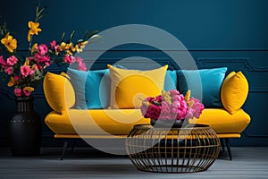 Vintage yellow couch against dark blue wall with plants and flowers in home interior. Concept of design, retro, living room,