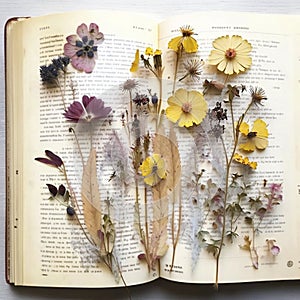 Vintage yellow dried flowers and herbal pressed in the book. Dry rustic bloom floral herbarium in album. Generative AI