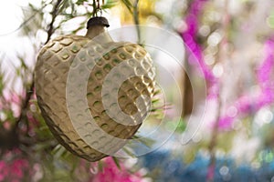 Vintage yellow glass decoration heart on the Christmas tree, retro toy from 70th photo