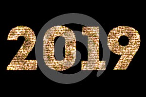 Vintage yellow gold sparkly glitter lights and glowing effect simulating leds happy new year 2019 word text on black background wi