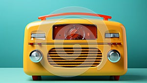 Vintage yellow radio on turquoise background with red details. World Radio Day