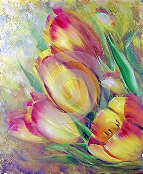 Vintage yellow red tulips Oil painting.