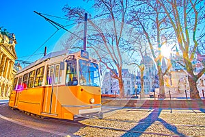 Vintage yellow tram of Budapest, Hungary photo
