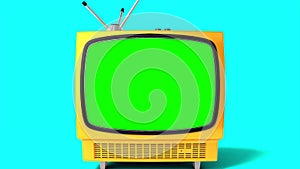Vintage yellow TV receiver with green screen isolated on blue background - 3D 4k animation