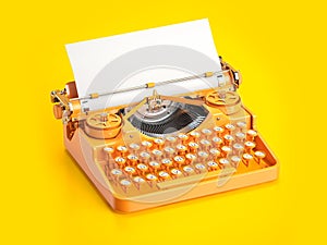 Vintage yellow typewriter on blue background with space for texto on a sheet photo