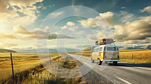 Vintage Yellow Vw Bus Traveling Through Desert Landscape