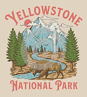 Vintage Yellowstone National Park Bison Mountain Geyser Scene photo
