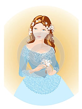 Vintage young girl with a flower. Linear color hand-drawn vector illustration