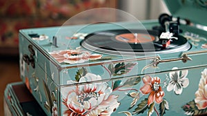 A vintageinspired design featuring handpainted floral motifs adds a touch of whimsy to this custom record player photo