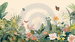 A vintageinspired illustration of a lush botanical garden with an array of flowers plants and butterflies. photo