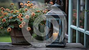 A vintageinspired lantern with a distressed finish brings a touch of nostalgia to a charming outdoor patio photo