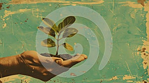 A vintagestyle poster showcasing a hand holding a small sprout with the words Plant the seed of change attend the