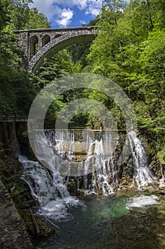 Vintgar gorge amazing cayon with river, rocks and nature, wooden foodpaths leads through wild natural reserve