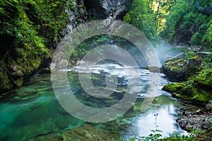 Vintgar gorge and Radovna river with walk path near Bled in Slovenia