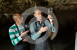 Vintners inspecting quality of white wine in winery cellar