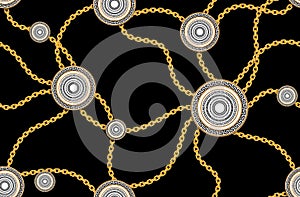 Vinttage Seamless Fashion Pattern of Golden Chains and versace motif isolated on black background. Fabric Design Background with C