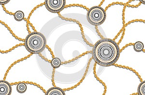 Vinttage Seamless Fashion Pattern of Golden Chains and versace motif isolated on white background. Fabric Design Background with C
