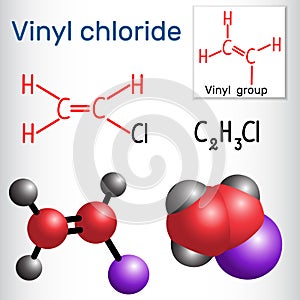 Vinyl chloride molecule. It is also called vinyl chloride monomer (VCM) or chloroethene. Structural chemical formula and photo