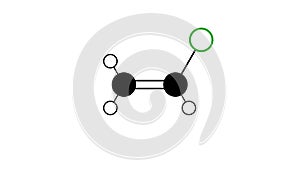 vinyl chloride molecule, structural chemical formula, ball-and-stick model, isolated image vinyl chloride monomer