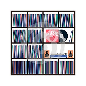 Vinyl collection on shelves with turntable and acoustic system. Stacks of music records in sleeves. Vector