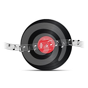 Vinyl disc and music note wave. Vector music design element.