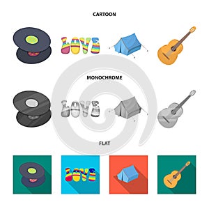 Vinyl discs, guitar, tent.Hippy set collection icons in cartoon,flat,monochrome style vector symbol stock illustration