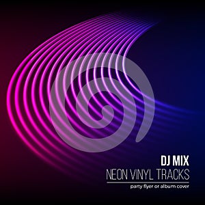 Vinyl grooves as neon lines background. With 80s vapor wave style for dj mix cover