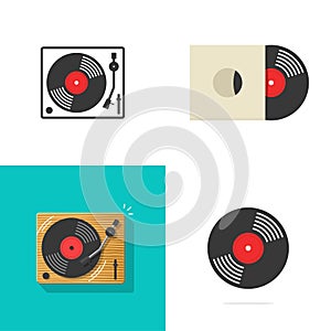 Vinyl lp record player vector icon and album turntable old vintage disc isolated on white background flat cartoon and line outline