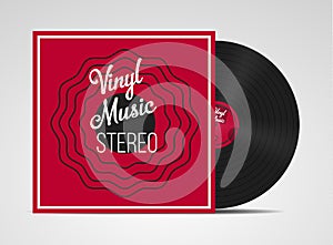 Vinyl music record with Cover Mockup. Vintage red gramophone disc. Retro design.