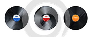 Vinyl music record set. Design of retro audio disk. Realistic vintage gramophone disc with cover mockup. Vector illustration