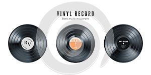 Vinyl music record set. Retro audio disk. Realistic vintage gramophone disc with cover mockup. Vector illustration